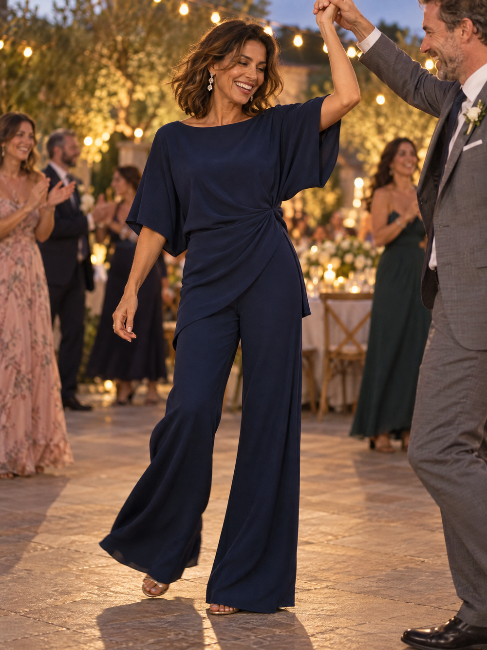 Draped Cape-Sleeve Top and Wide-Leg Pants Set