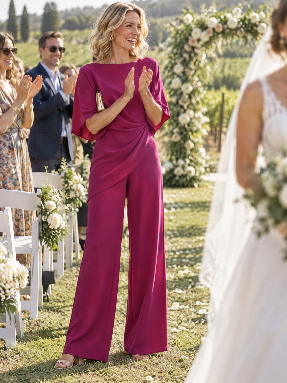 Draped Cape-Sleeve Top and Wide-Leg Pants Set