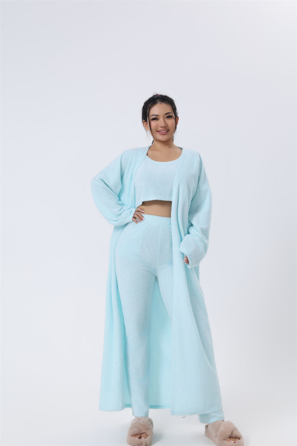 Fuzzy Knit 3-Piece Long Cardigan Lounge Set