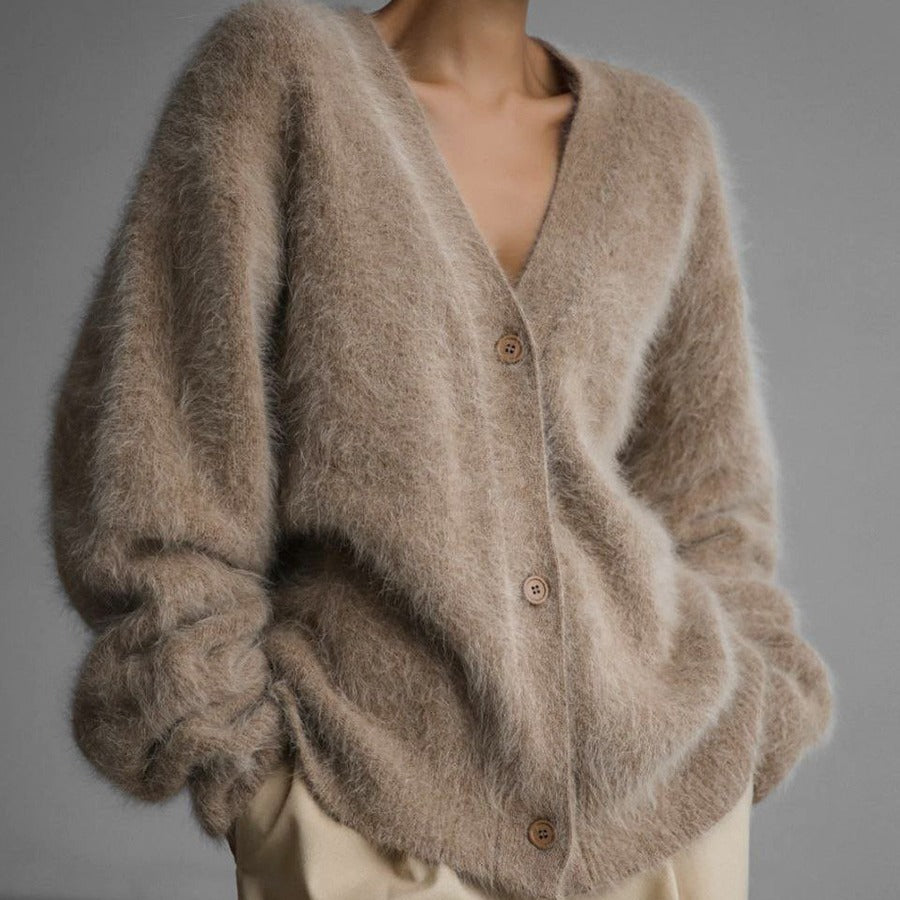 Fuzzy Oversized V-Neck Button Cardigan