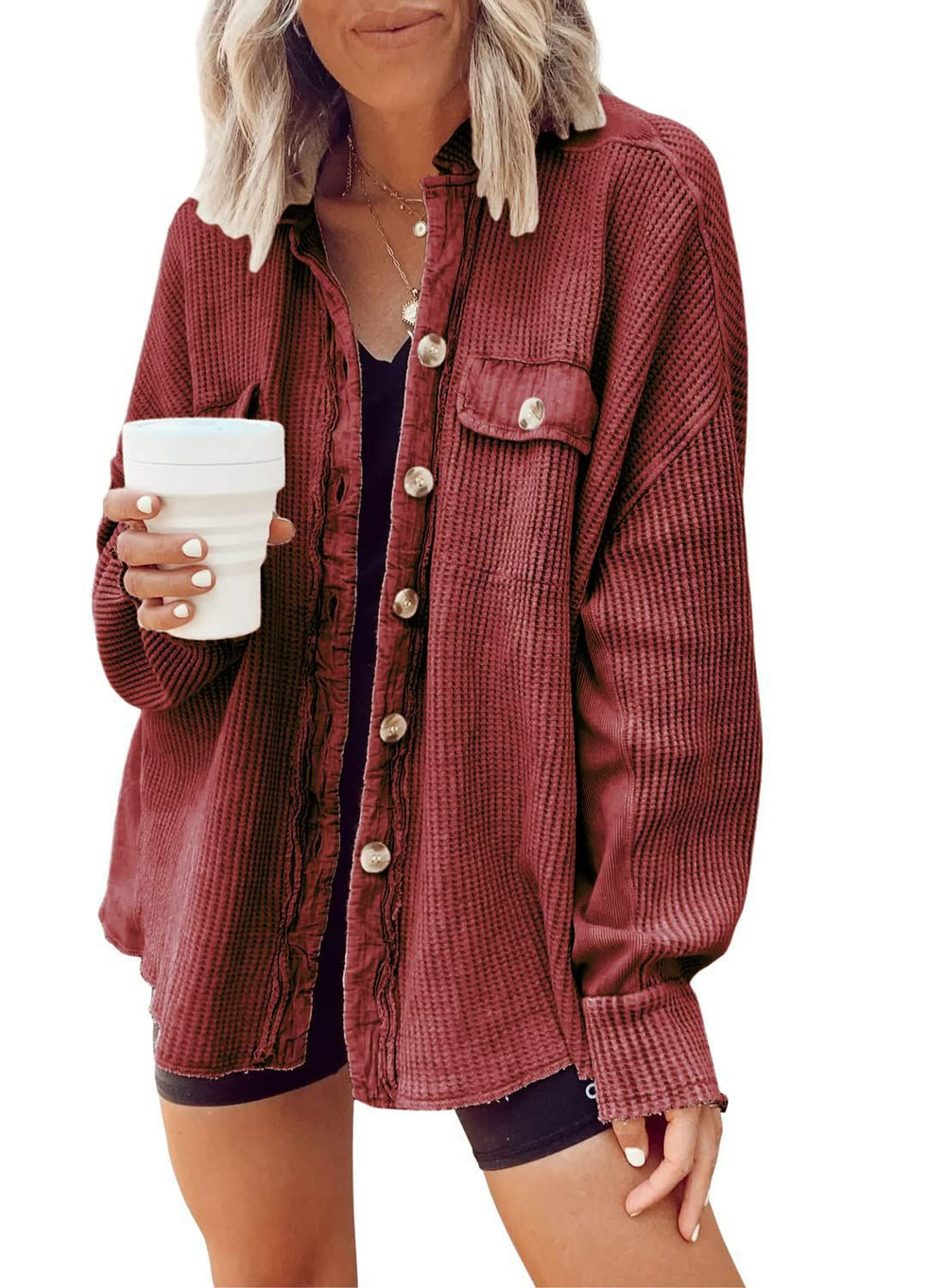 Oversized Waffle-Knit Shirt Jacket