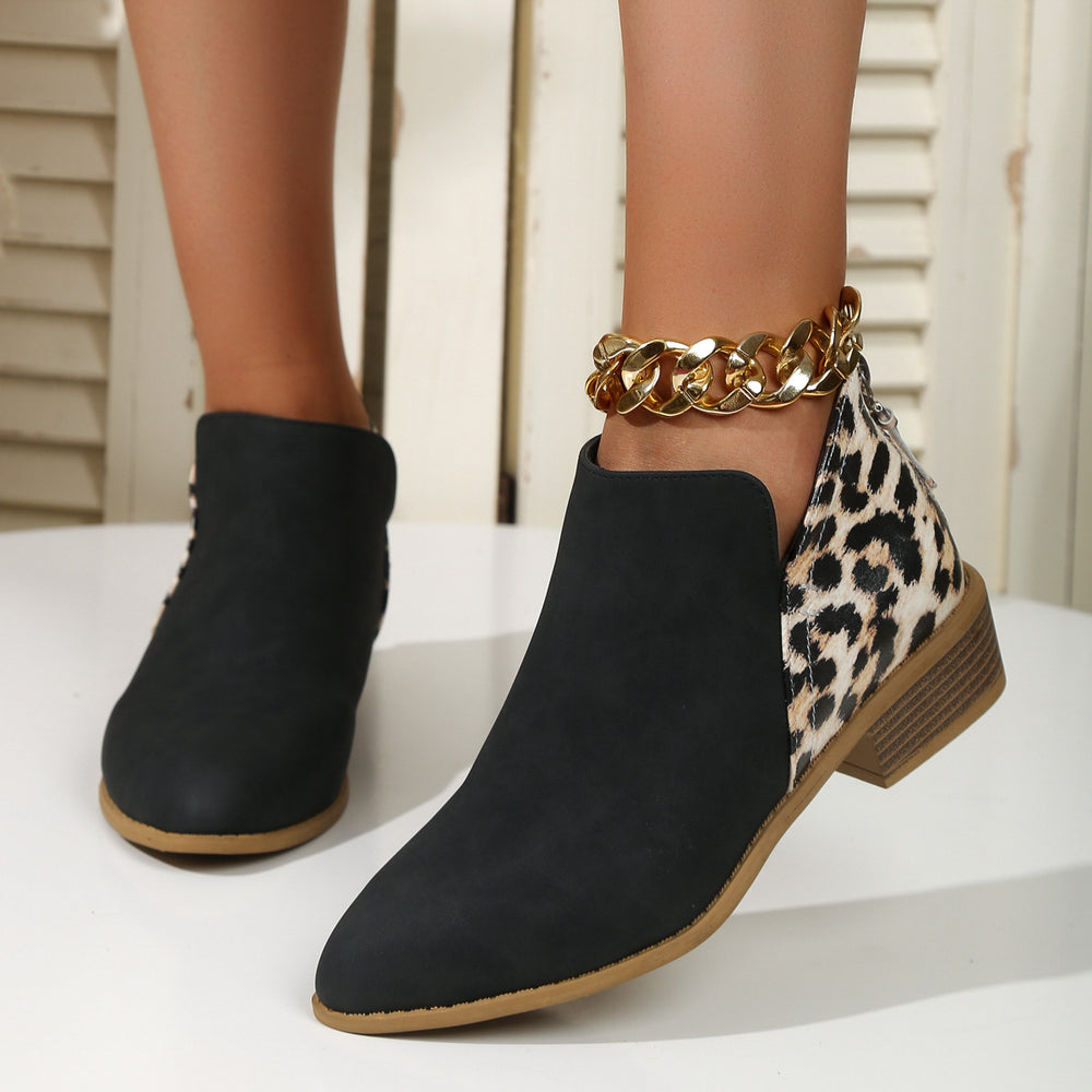 Leopard-Panel Pointed Toe Block Heel Ankle Booties