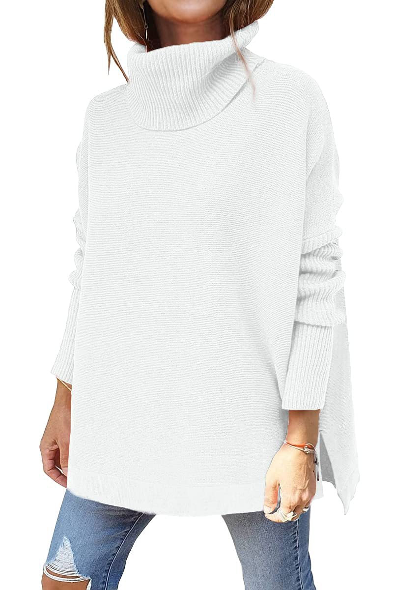 Oversized Turtleneck Split-Hem Tunic Sweater