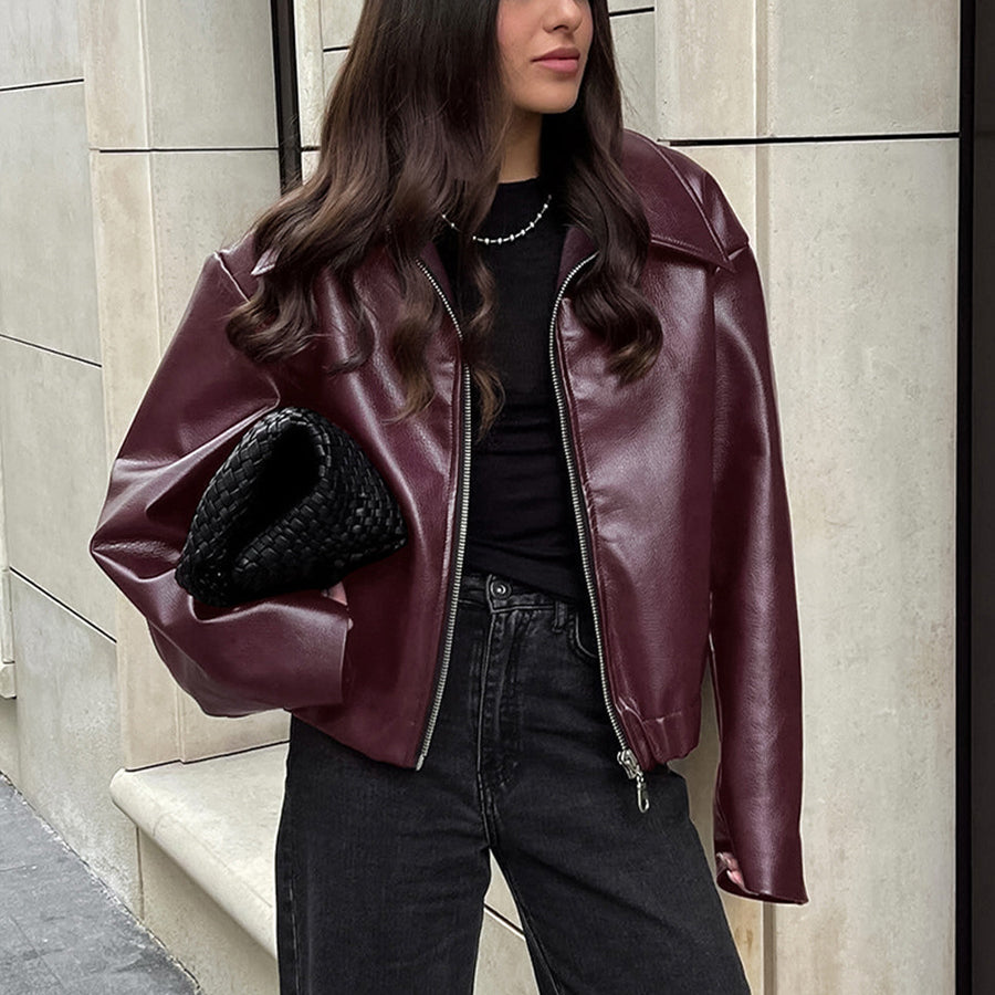 Cropped Faux Leather Collared Zip Jacket