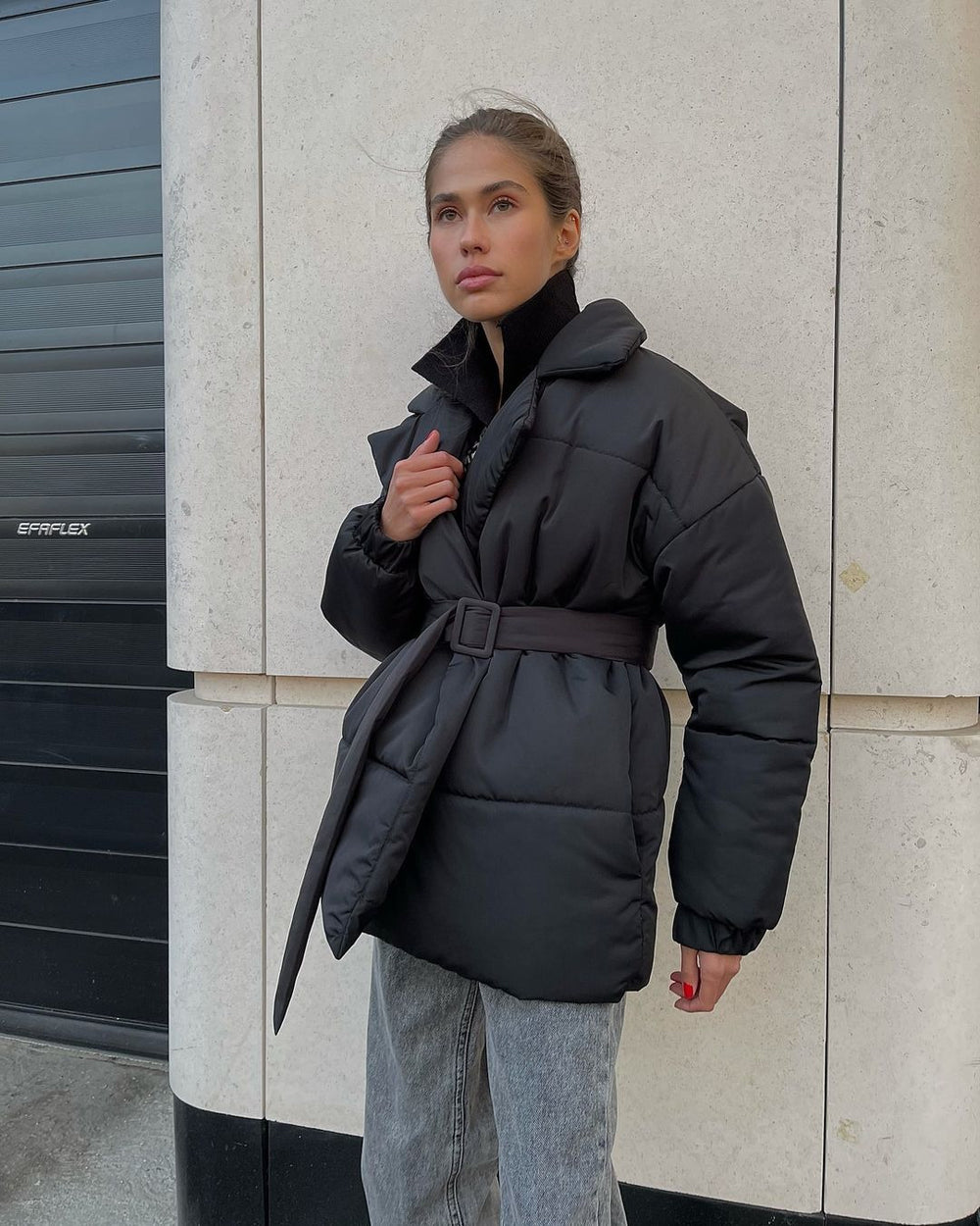 Belted Wrap Puffer Jacket with Lapel Collar