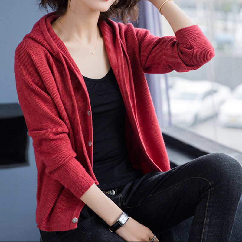 Hooded Button-Front Knit Cardigan