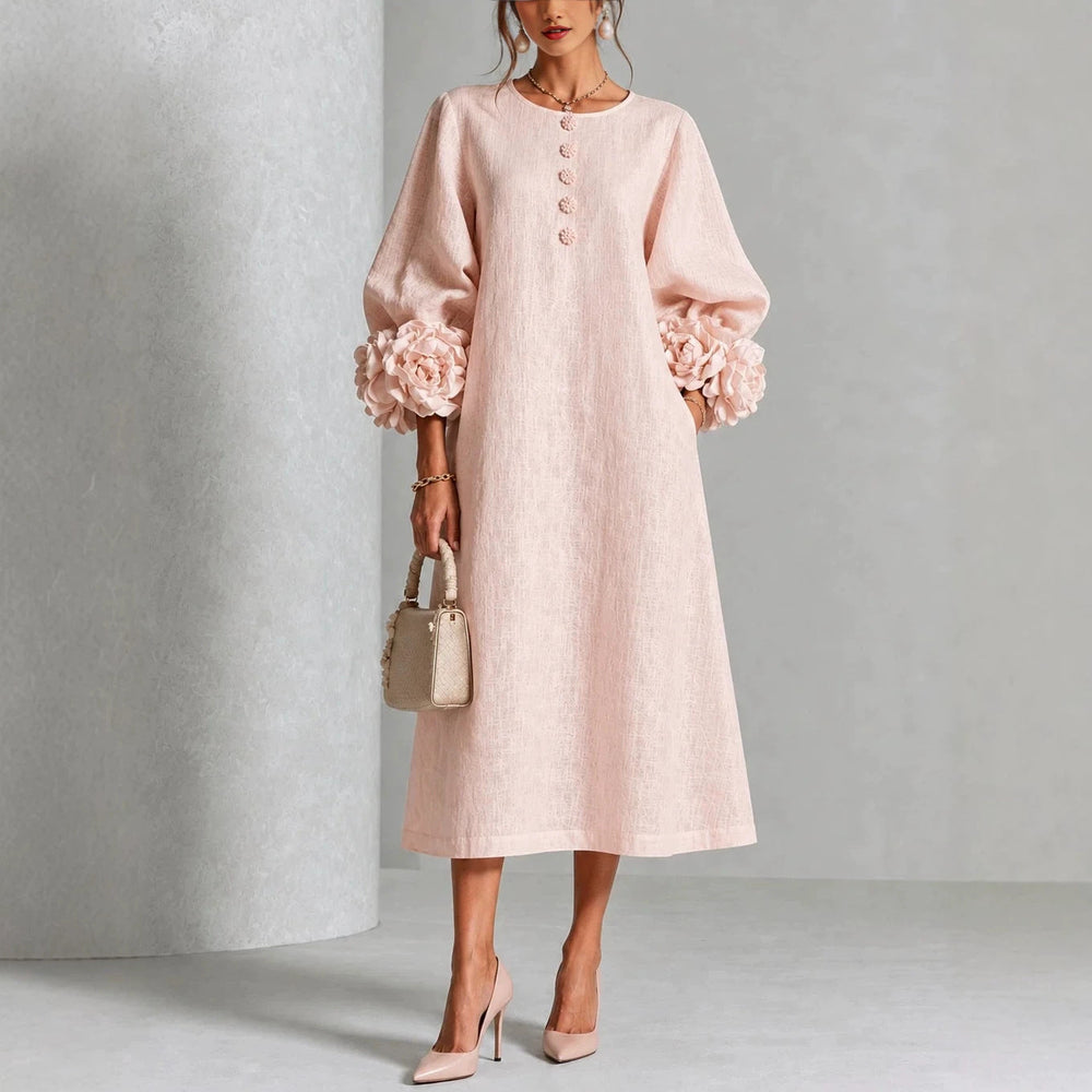 Textured Midi Dress with Rosette Cuffs
