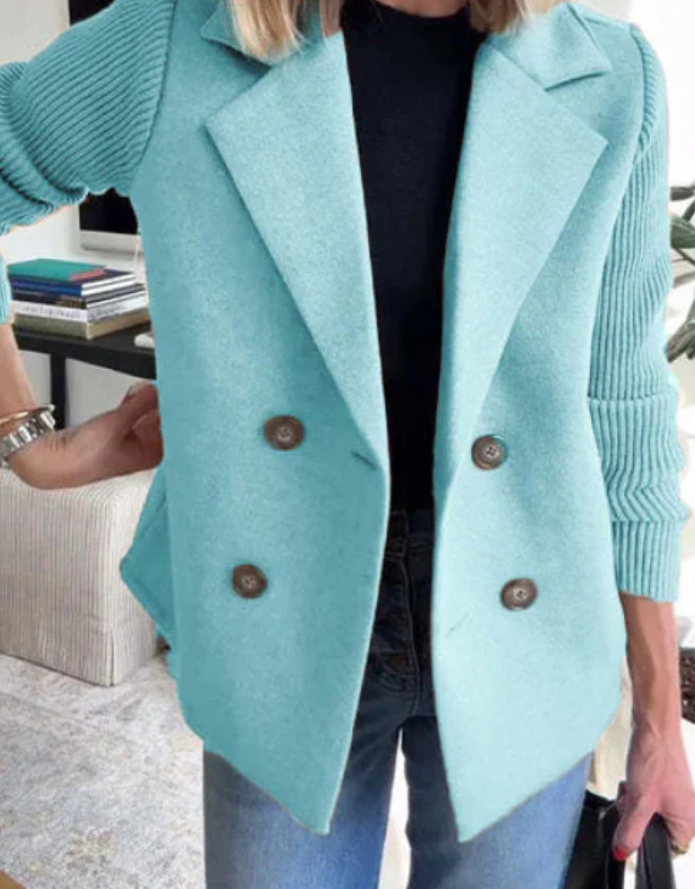 Double-Breasted Wool-Look Coat with Knit Sleeves