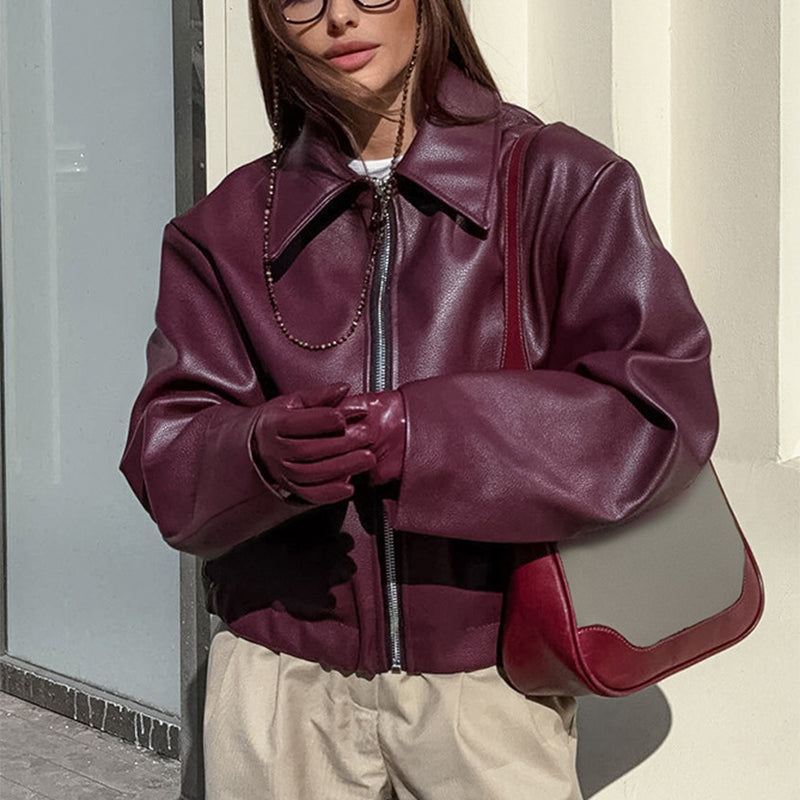 Cropped Faux Leather Collared Zip Jacket