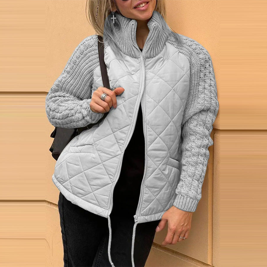 Quilted Zip Jacket with Cable-Knit Sleeves
