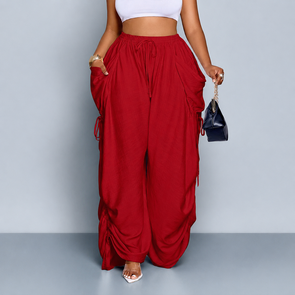 Ruched Wide-Leg Drawstring Pants