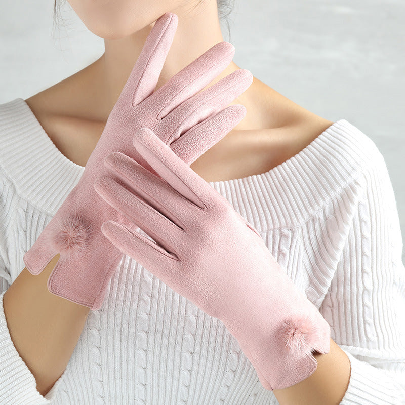 Faux Suede Winter Gloves with Pom-Pom or Plush Cuff