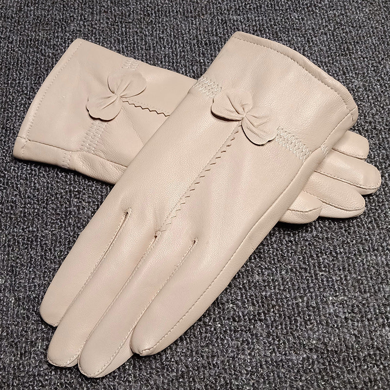 Bow-Trim Leather-Look Winter Gloves