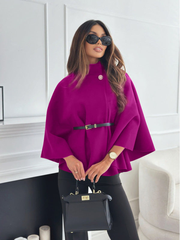 Belted Stand-Collar Batwing Cape Jacket
