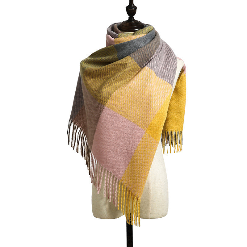 Color-Block Plaid Fringe Blanket Scarf