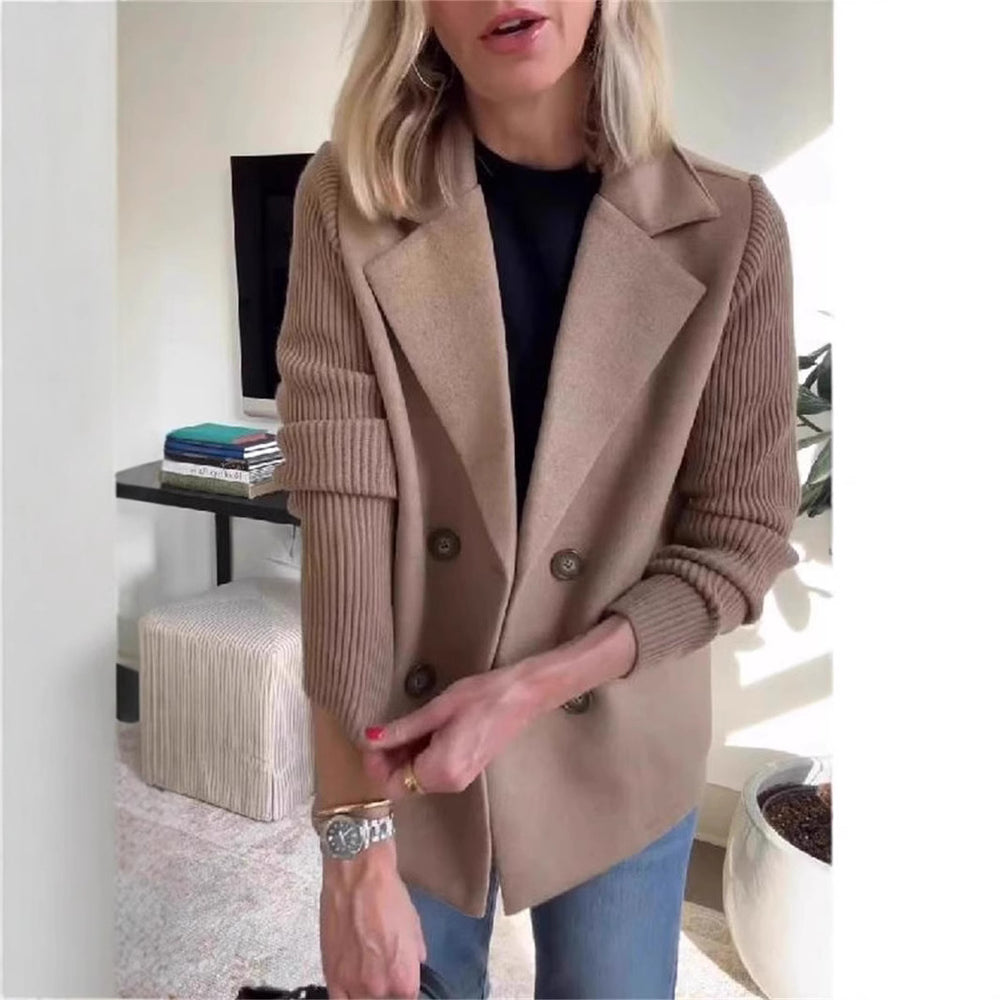 Double-Breasted Wool-Look Coat with Knit Sleeves