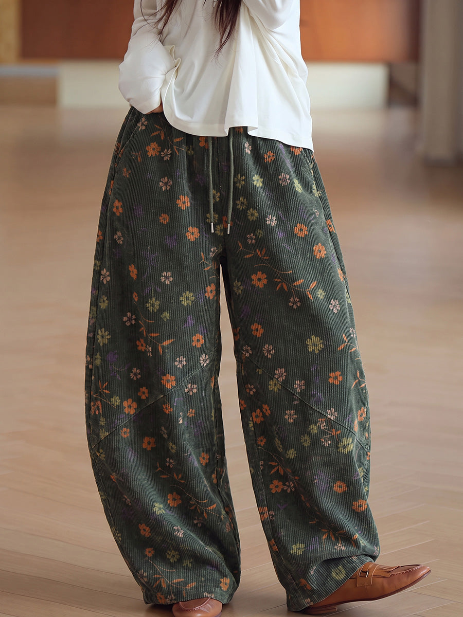 Vintage Floral Corduroy Wide-Leg Pants