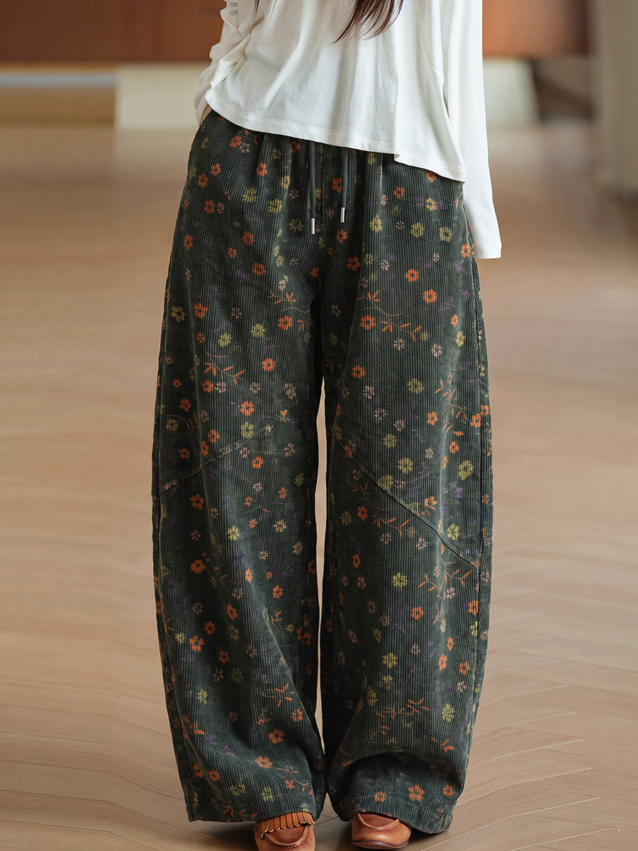 Vintage Floral Corduroy Wide-Leg Pants