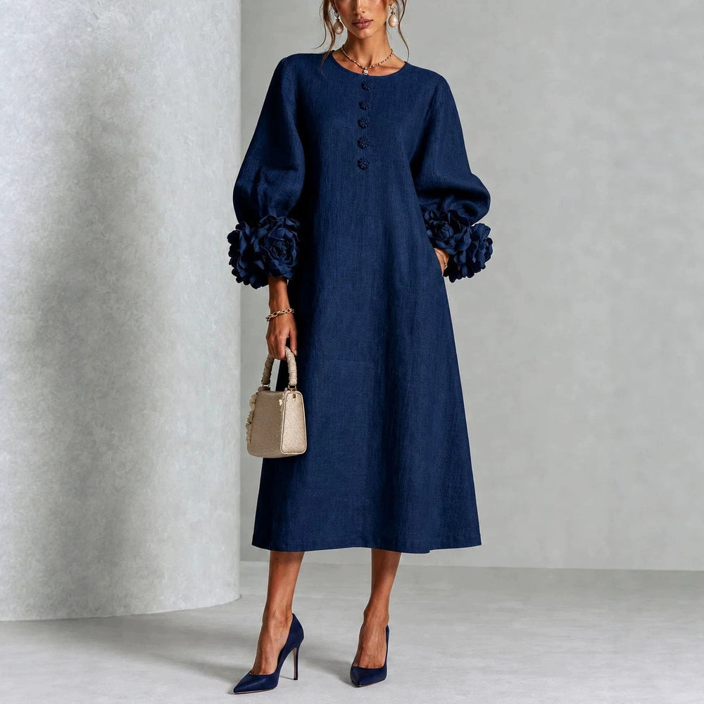 Textured Midi Dress with Rosette Cuffs