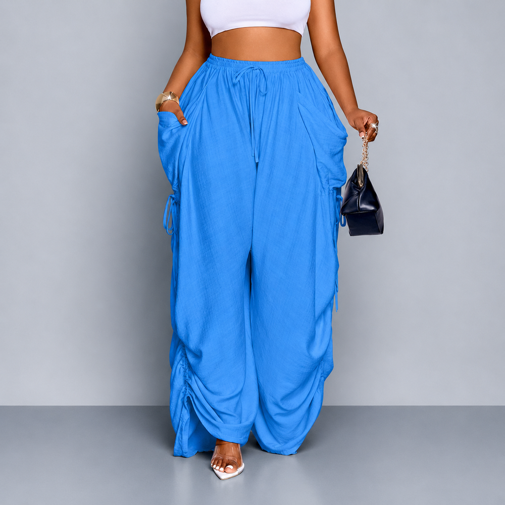 Ruched Wide-Leg Drawstring Pants