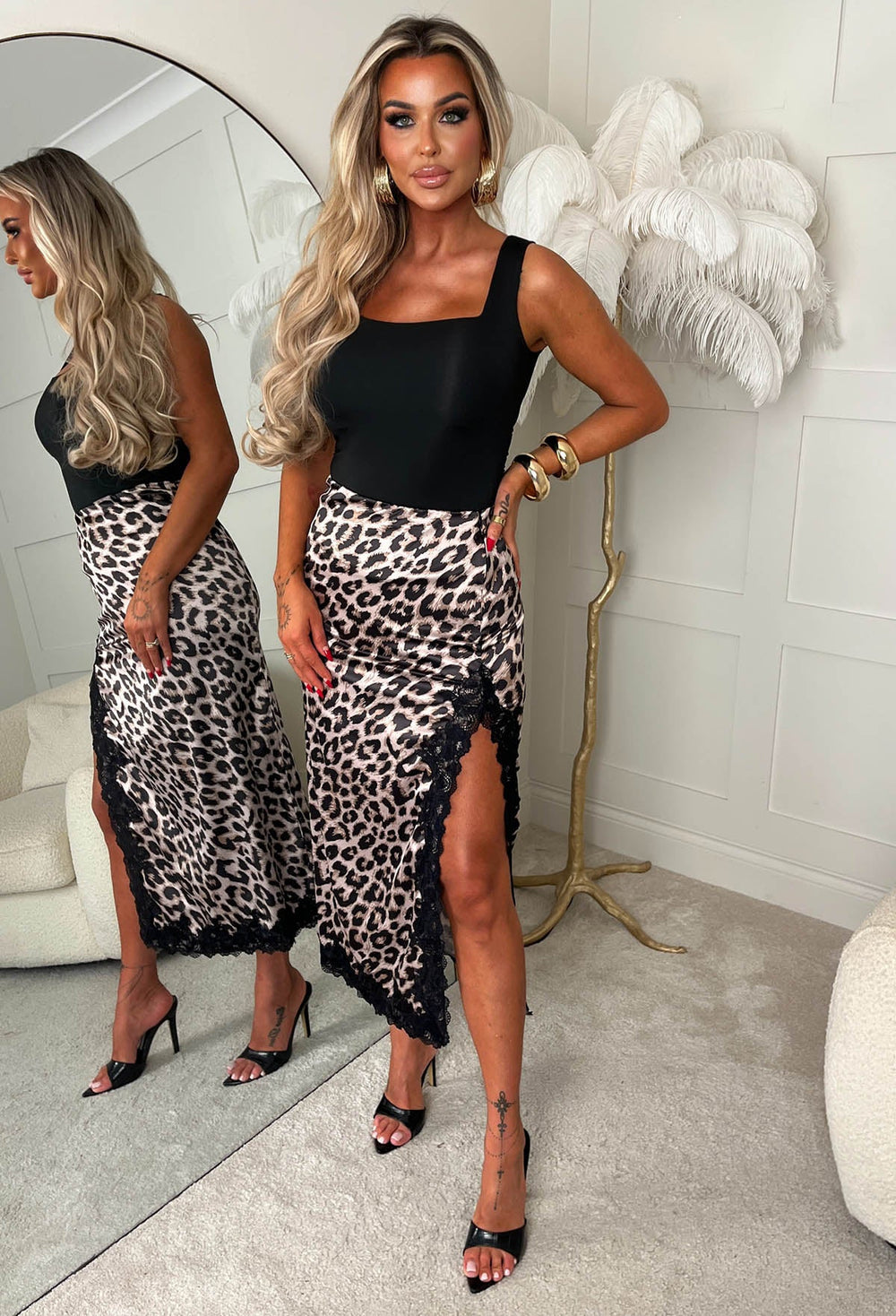 Leopard Satin Lace-Trim Slit Midi Skirt