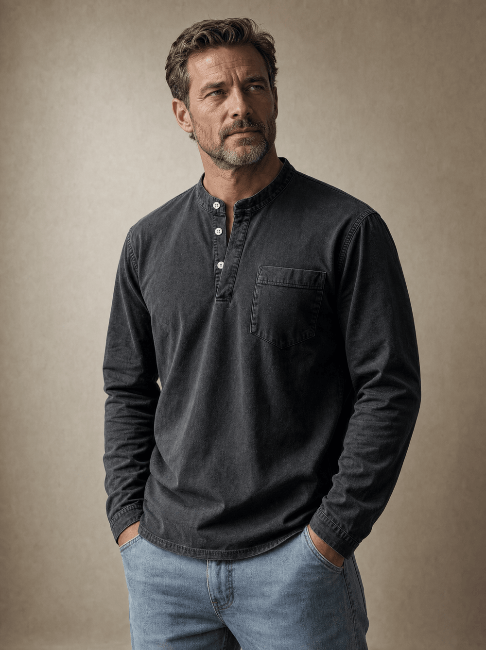 Men's Garment-Washed Long Sleeve Pocket Henley