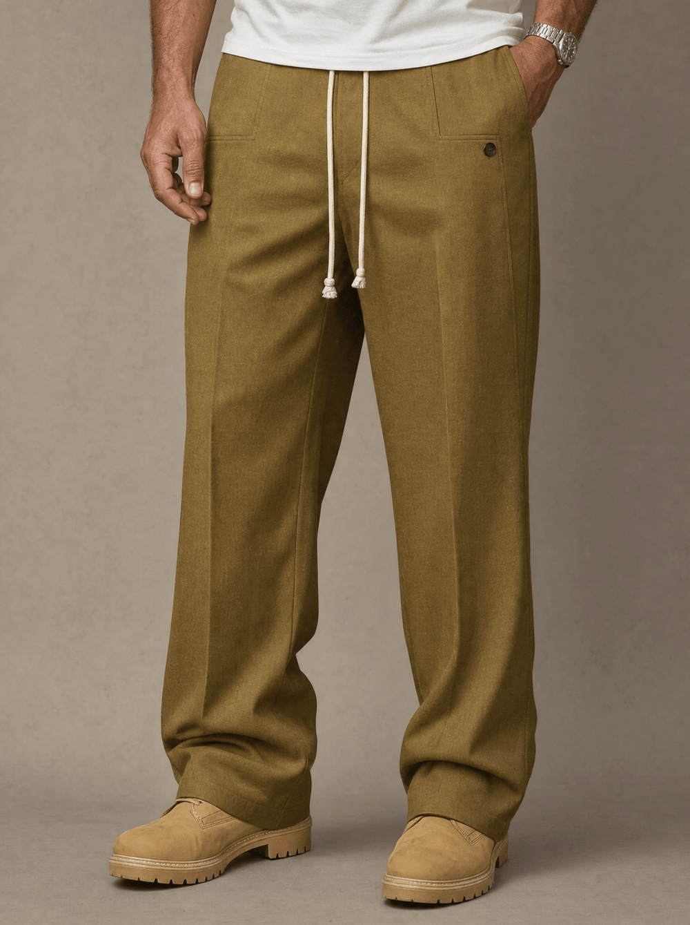 Men's Pleated Drawstring Wide-Leg Trousers