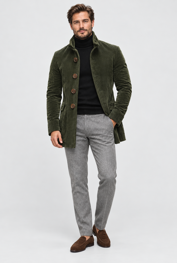 Olive corduroy jacket, full look