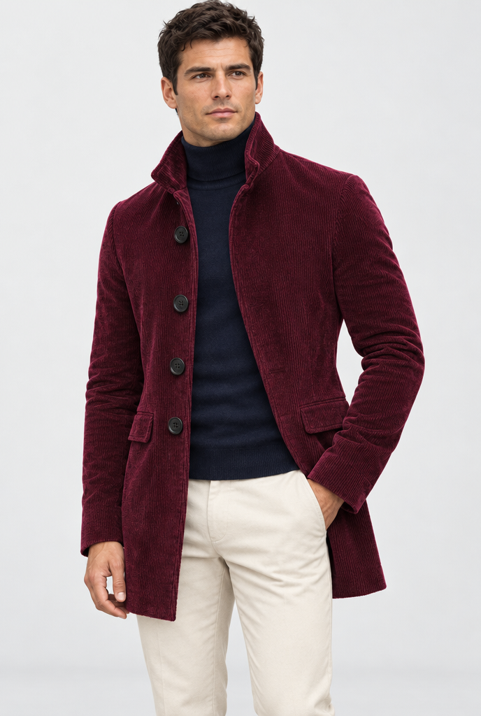 Burgundy corduroy jacket, studio