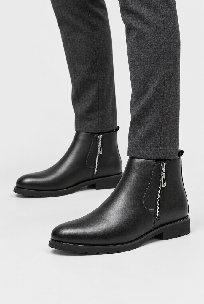 Black side-zip ankle boots, on-feet hero