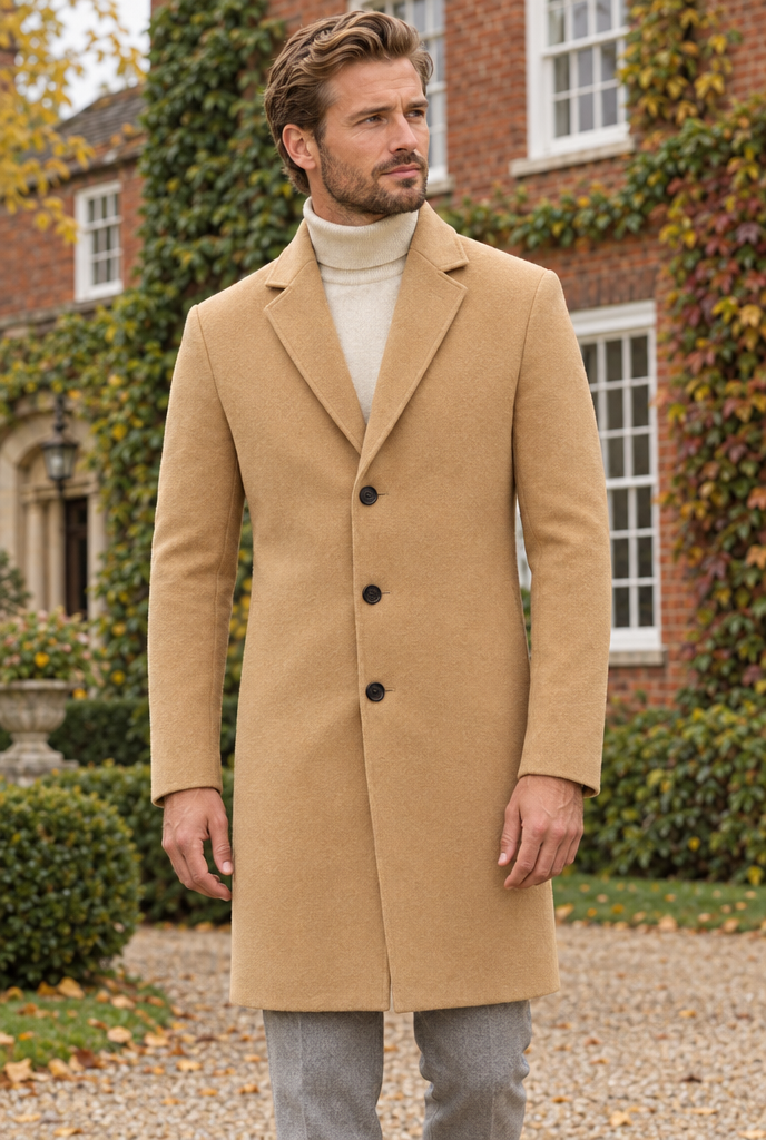 Manteau droit classique effet laine — Camel — en situation