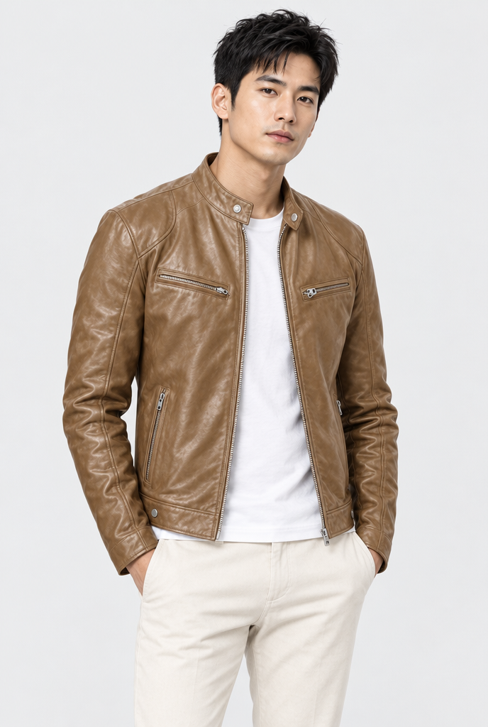 Tan leather-look moto jacket, studio hero