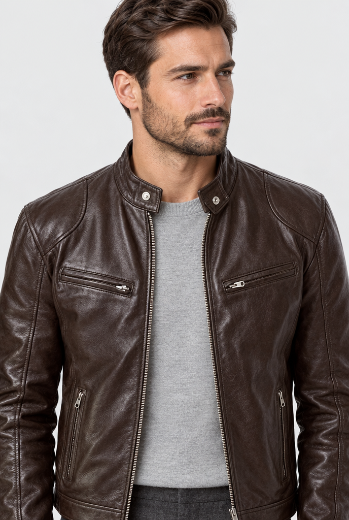 Brown leather-look moto jacket, collar close-up