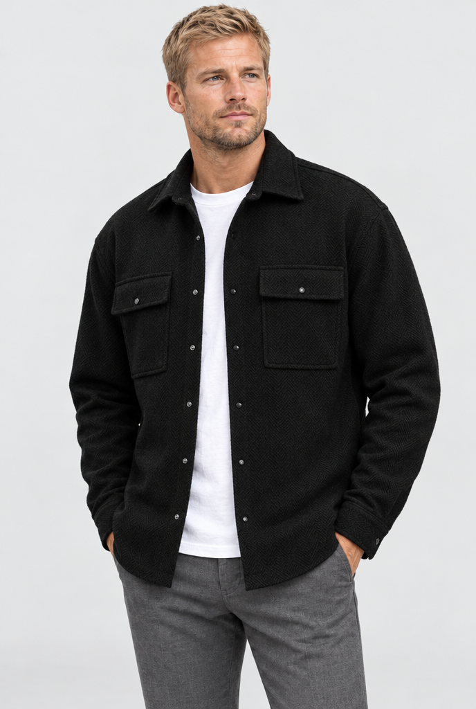 Black wool-look shirt jacket, hero