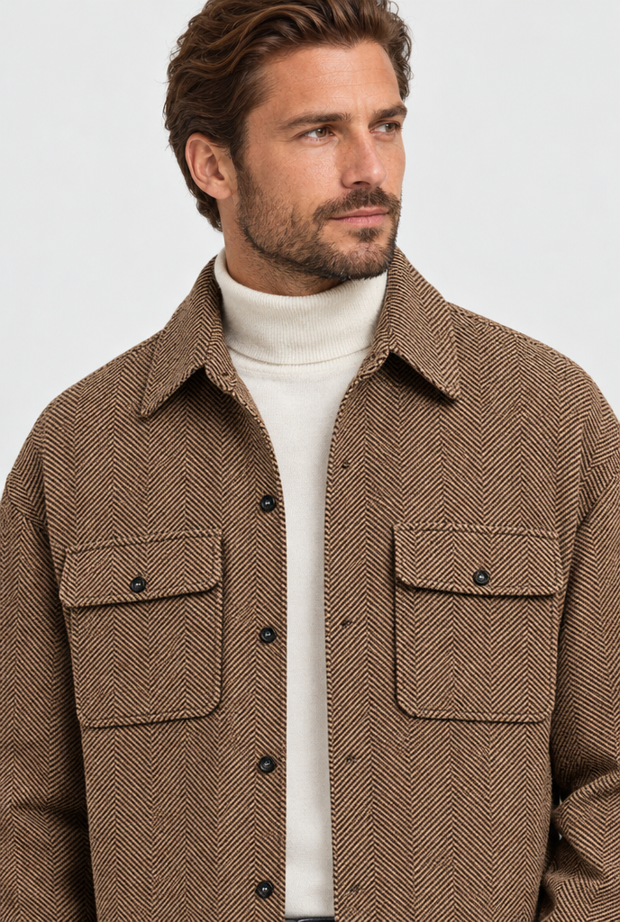Camel Herringbone wool-look shirt jacket, collar