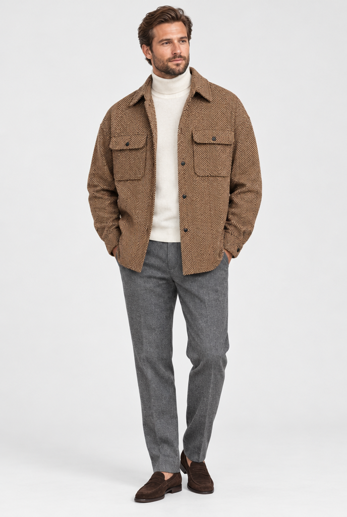Camel Herringbone wool-look shirt jacket, full body