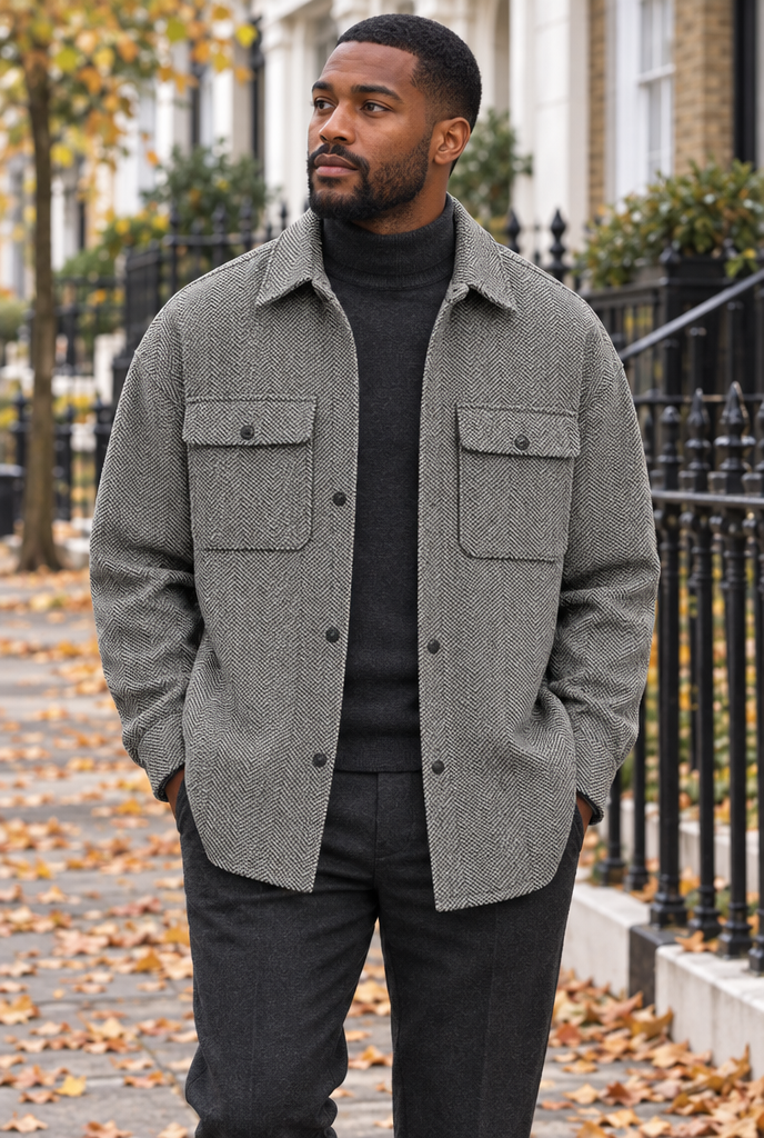 Grey Herringbone wool-look shirt jacket, lifestyle