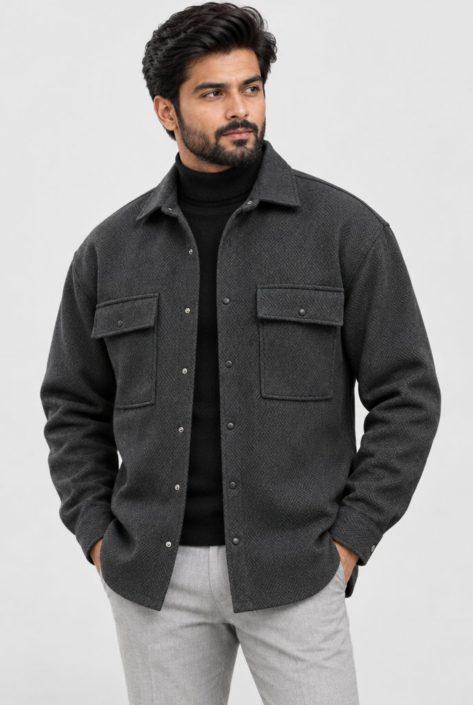 Charcoal wool-look shirt jacket, hero