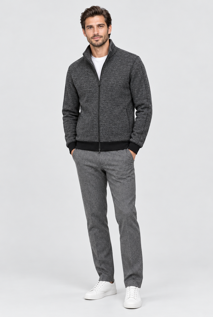 Heather Grey Fleece-Lined Stand-Collar Zip Jacket, full body