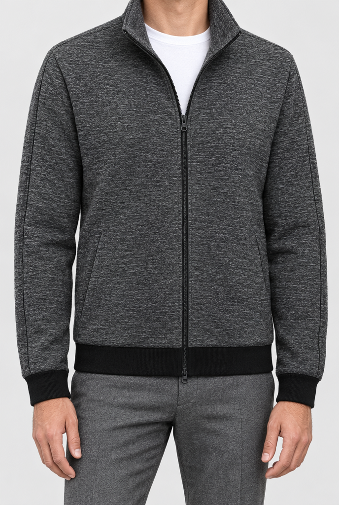 Heather Grey Fleece-Lined Stand-Collar Zip Jacket, detail