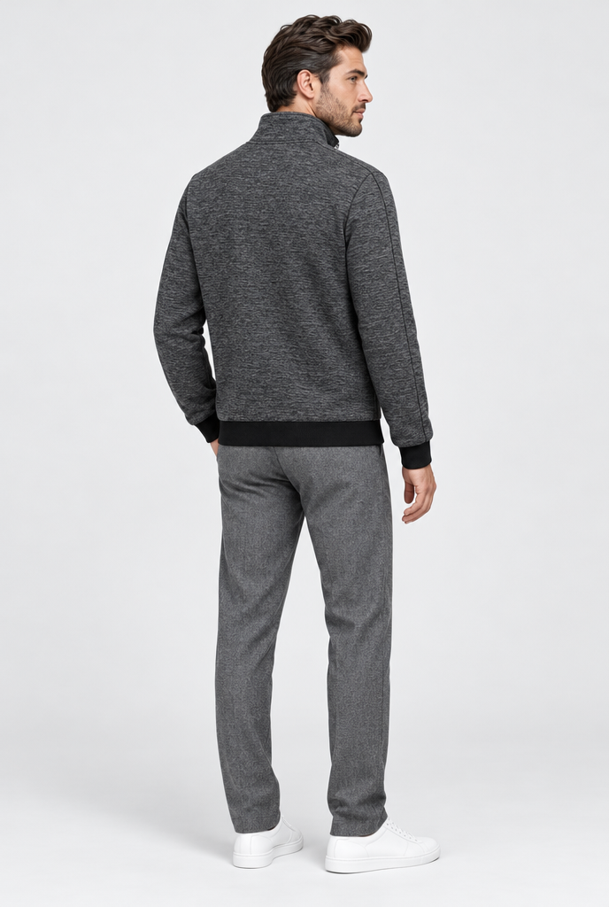 Heather Grey Fleece-Lined Stand-Collar Zip Jacket, back view