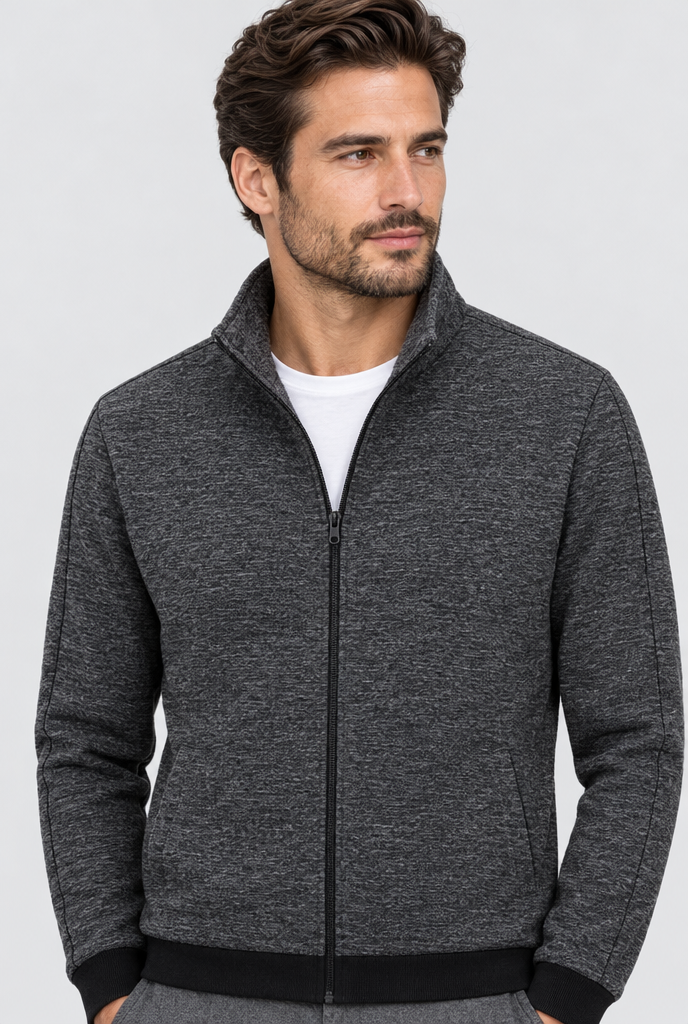 Heather Grey Fleece-Lined Stand-Collar Zip Jacket, collar close-up