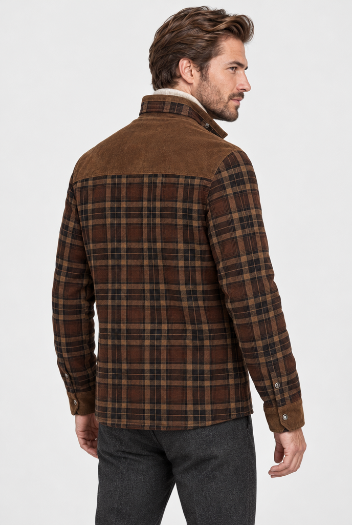 Surchemise à carreaux doublée sherpa en velours côtelé — Carreaux marron — vue de dos