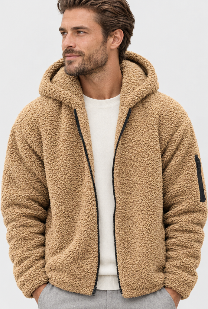 Veste zippée à capuche en polaire teddy — Camel — détail du col