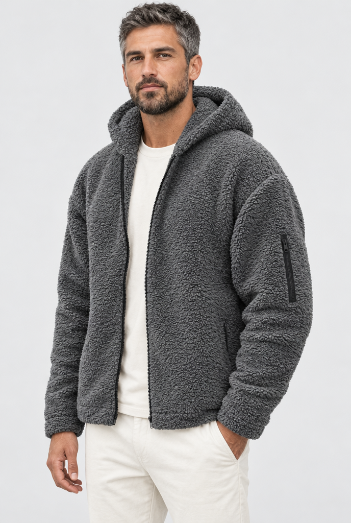 Veste zippée à capuche en polaire teddy — Anthracite — photo studio
