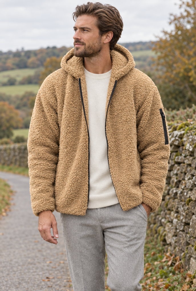 Veste zippée à capuche en polaire teddy — Camel — en situation