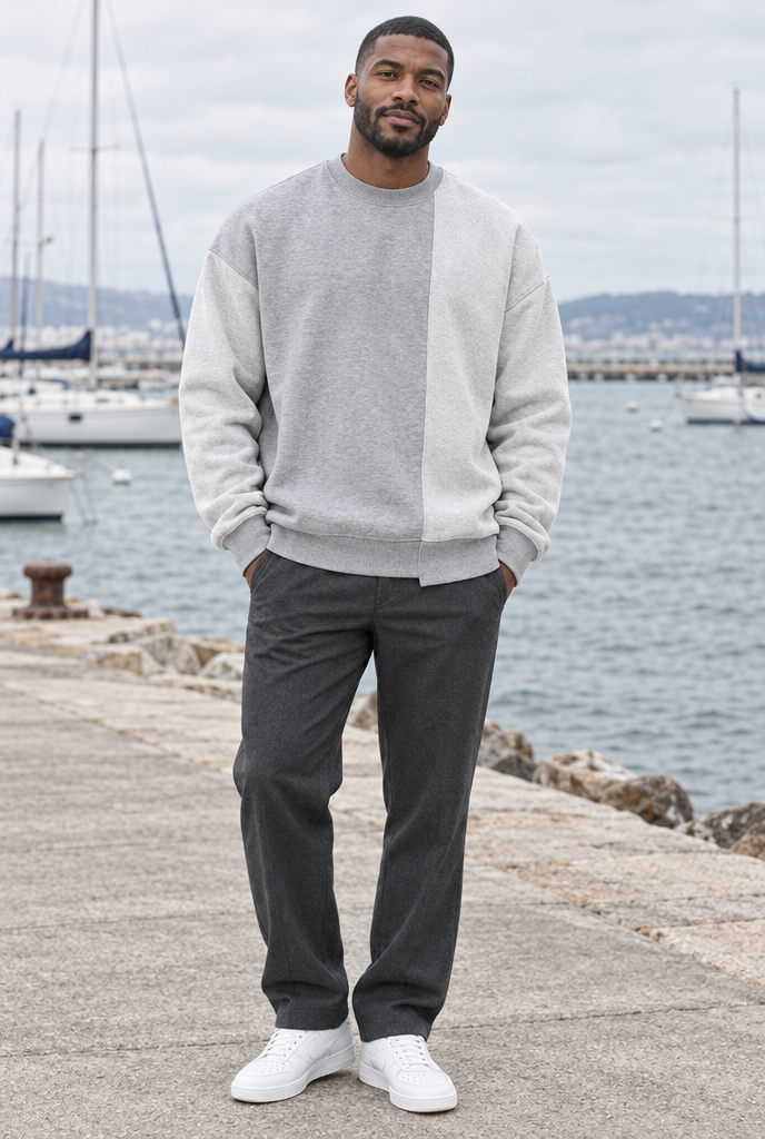 Sweat col rond oversize épaules tombantes — Gris bicolore — en situation