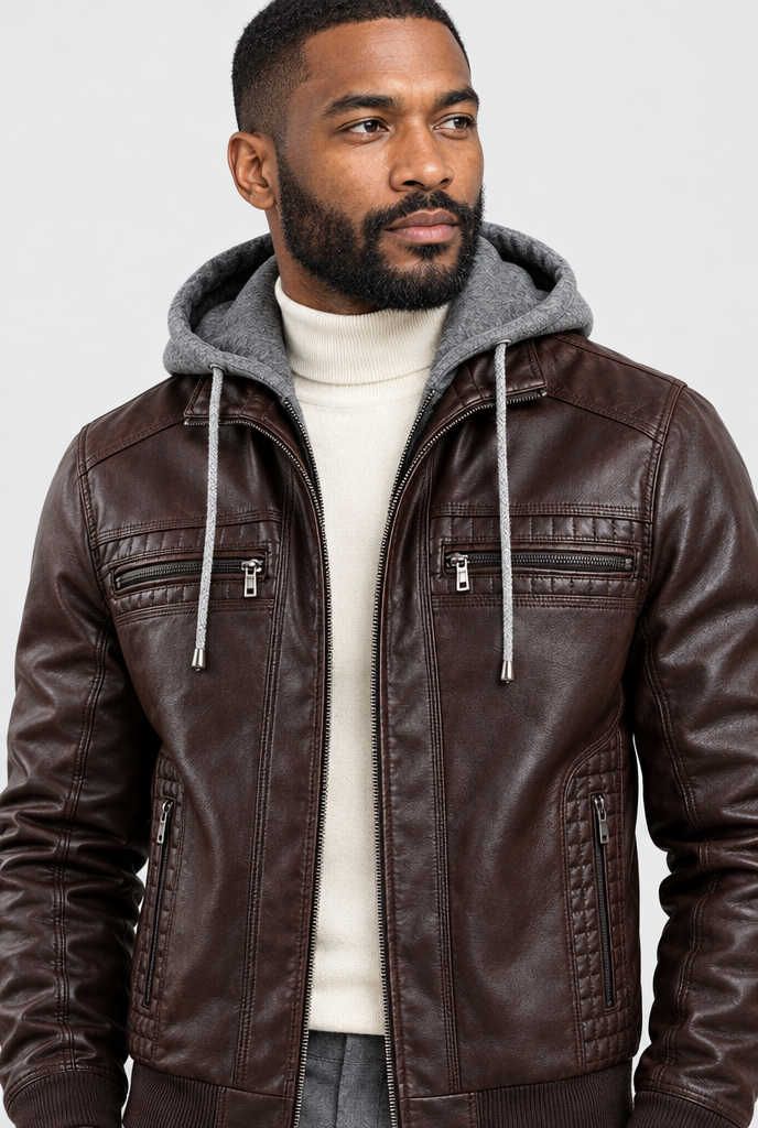Blouson biker à capuche en simili cuir — Marron foncé — détail du col