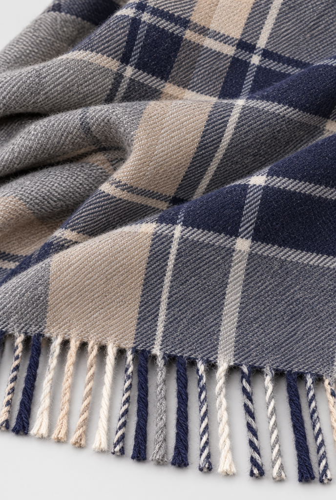 Écharpe à carreaux classique à franges — Tartan gris — gros plan matière