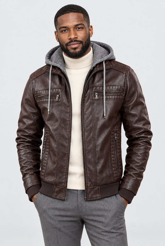 Blouson biker à capuche en simili cuir — Marron foncé — photo studio